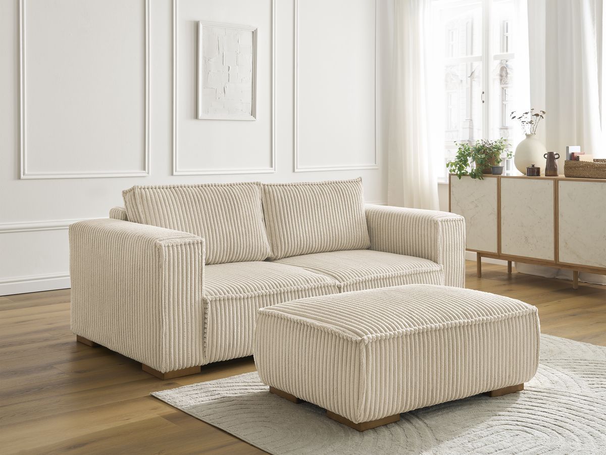Canapé droit fixe 2 places CHELSEA gros côtelé doux avec pouf