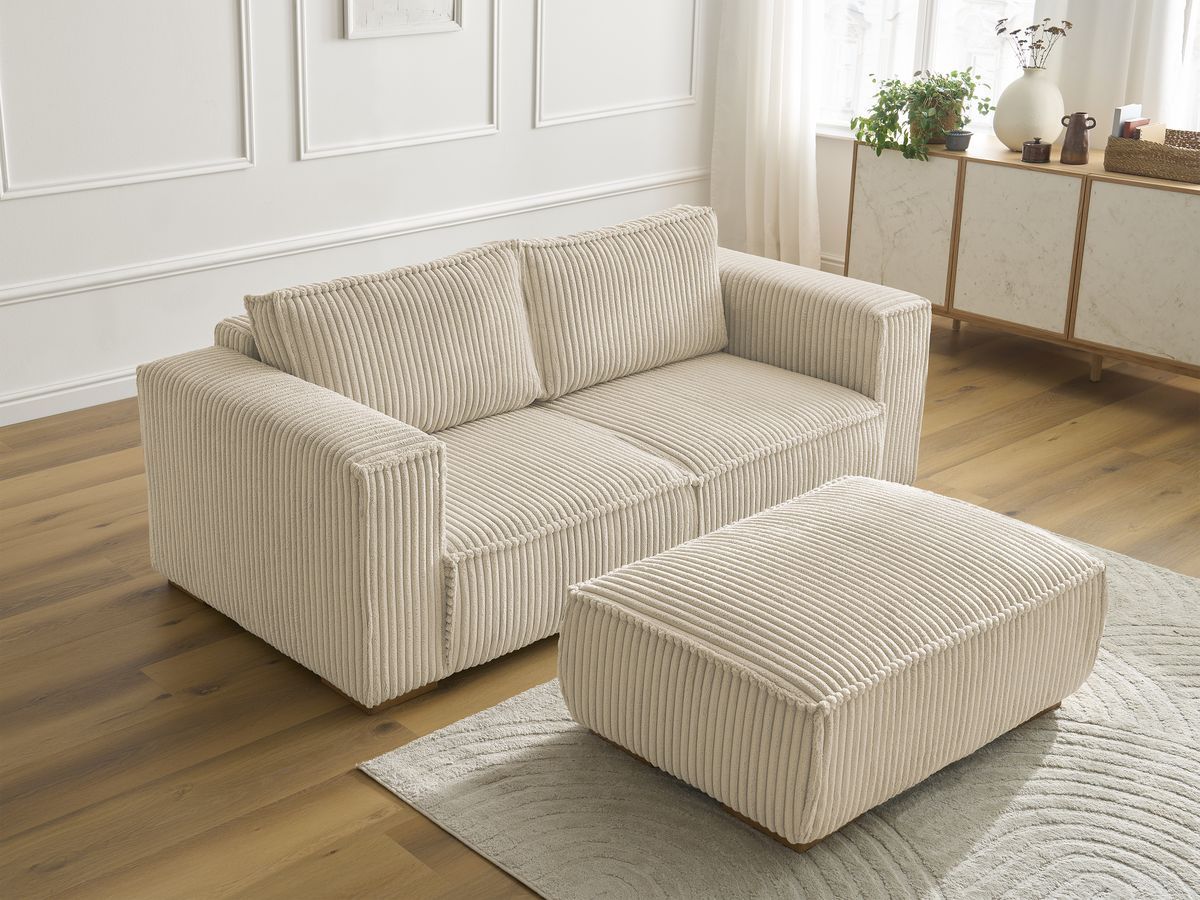 Canapé droit fixe 2 places CHELSEA gros côtelé doux avec pouf
