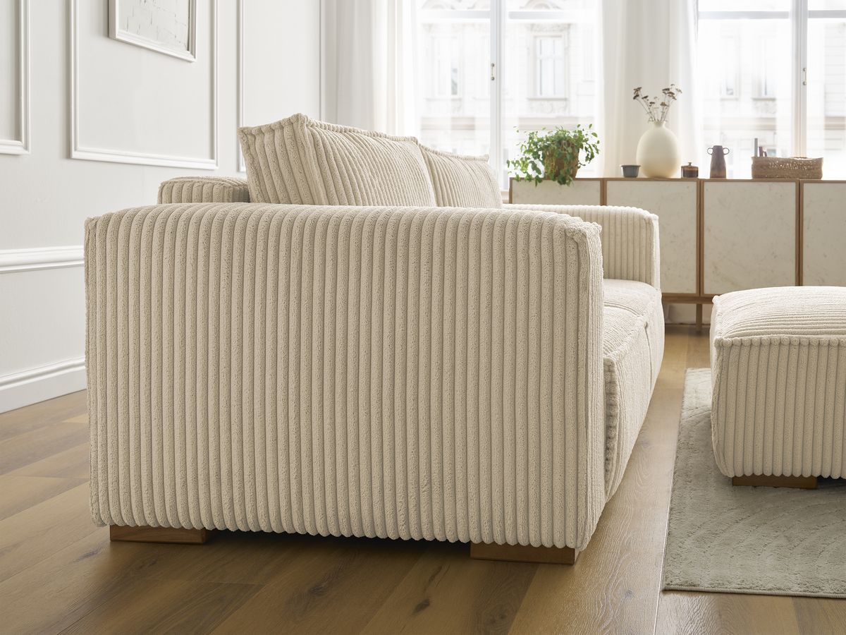 Canapé droit fixe 2 places CHELSEA gros côtelé doux avec pouf