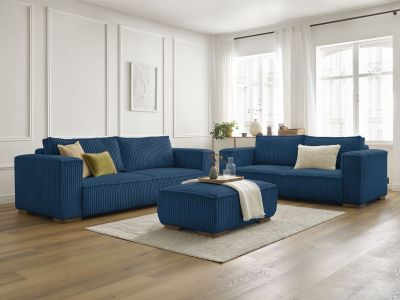 Ensemble canapé droit fixe 3 + 2 places CHELSEA gros velours côtelé avec pouf