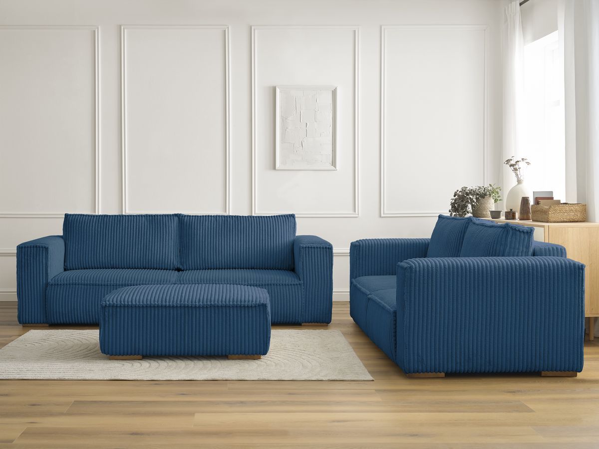 Ensemble canapé droit fixe 3 + 2 places CHELSEA gros velours côtelé avec pouf bleu foncé BOBOCHIC - Vue supplémentaire 3