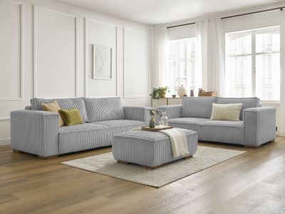 Ensemble canapé droit fixe 3 + 2 places CHELSEA gros velours côtelé avec pouf