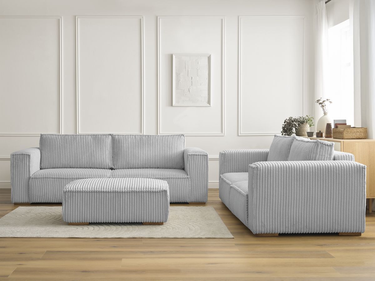 Ensemble canapé droit fixe 3 + 2 places CHELSEA gros velours côtelé avec pouf gris clair   BOBOCHIC - Vue supplémentaire 3