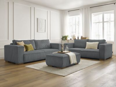 Ensemble canapé droit fixe 3 + 2 places CHELSEA gros velours côtelé avec pouf