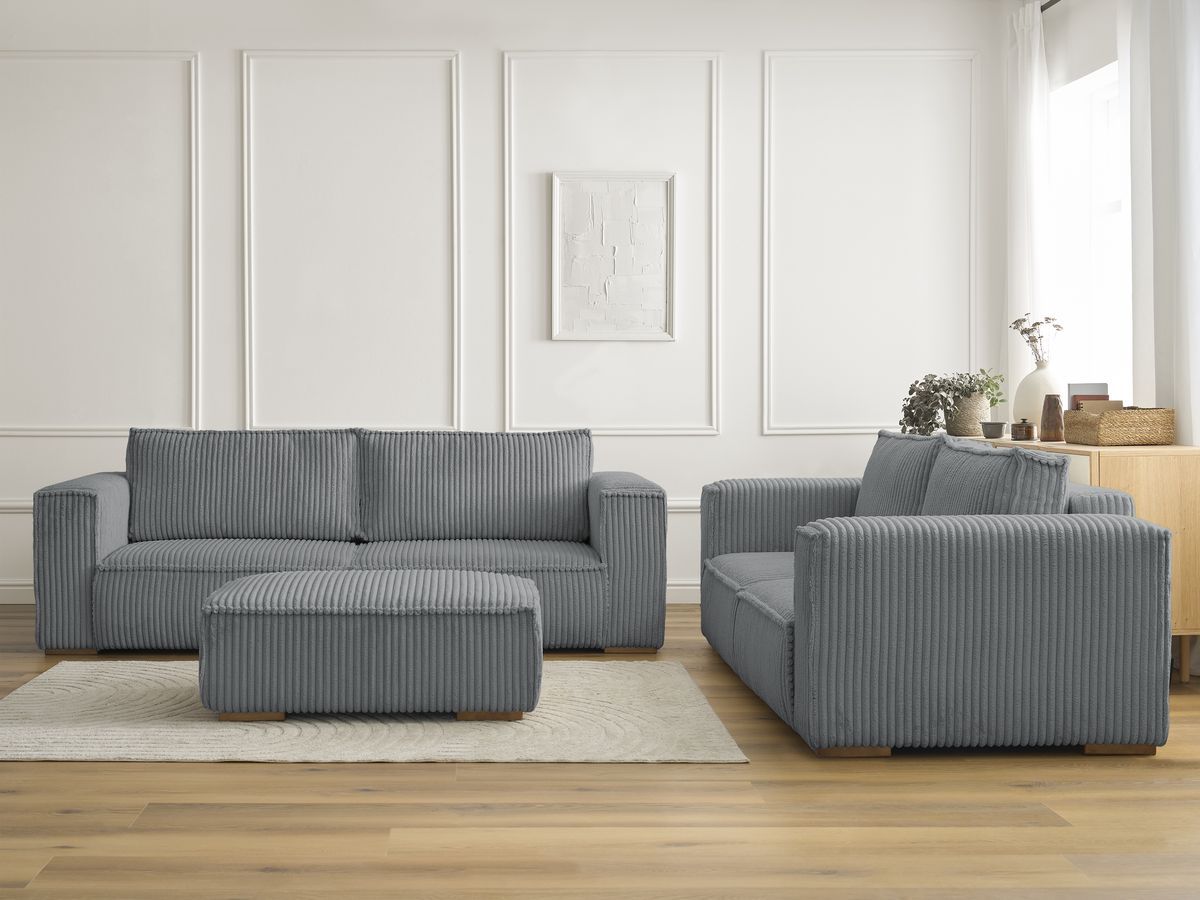 Ensemble canapé droit fixe 3 + 2 places CHELSEA gros velours côtelé avec pouf gris foncé BOBOCHIC - Vue supplémentaire 3