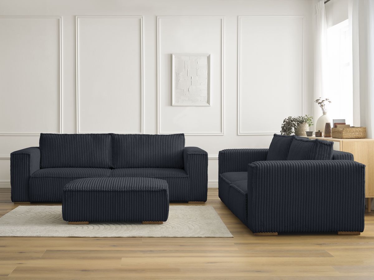Ensemble canapé droit fixe 3 + 2 places CHELSEA gros velours côtelé avec pouf noir BOBOCHIC - Vue supplémentaire 3