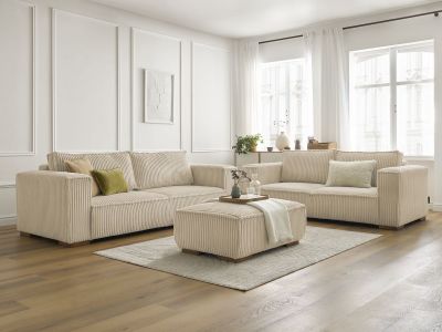Ensemble canapé droit fixe 3 + 2 places CHELSEA gros velours côtelé avec pouf