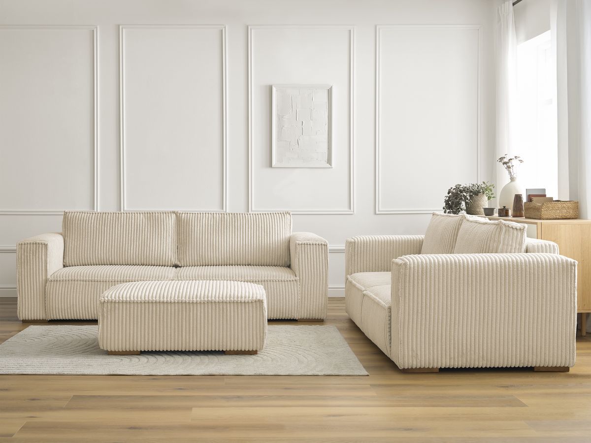 Ensemble canapé droit fixe 3 + 2 places CHELSEA gros velours côtelé avec pouf taupe BOBOCHIC - Vue supplémentaire 3