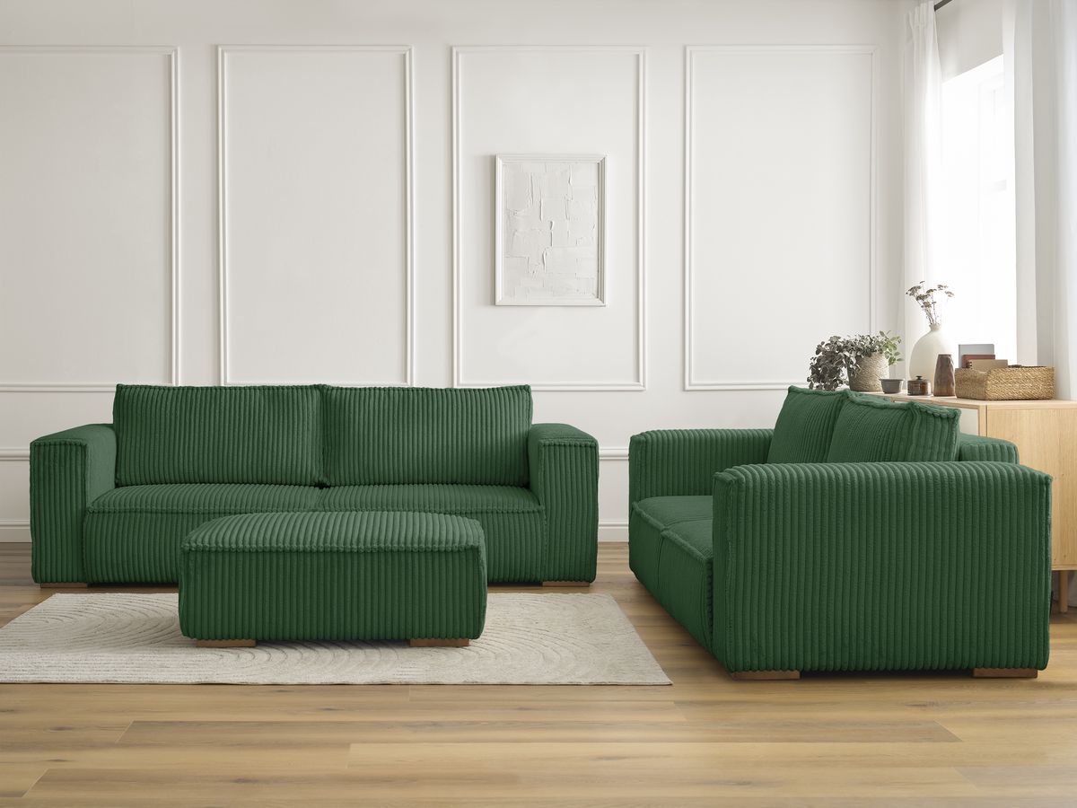Ensemble canapé droit fixe 3 + 2 places CHELSEA gros velours côtelé avec pouf vert BOBOCHIC - Vue supplémentaire 3