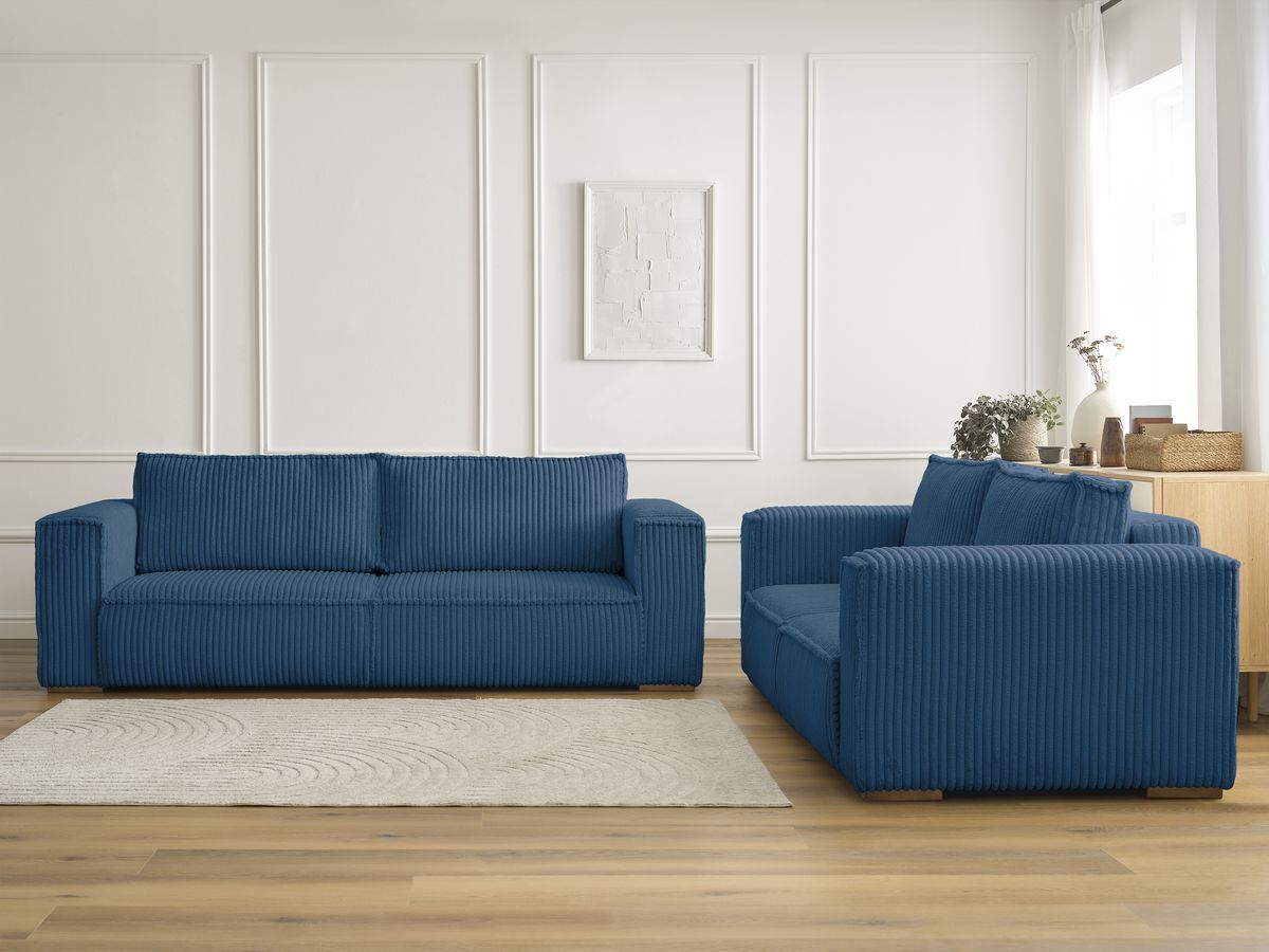 Ensemble canapé droit 3 + 2 places CHELSEA gros côtelé doux bleu foncé — vue 5