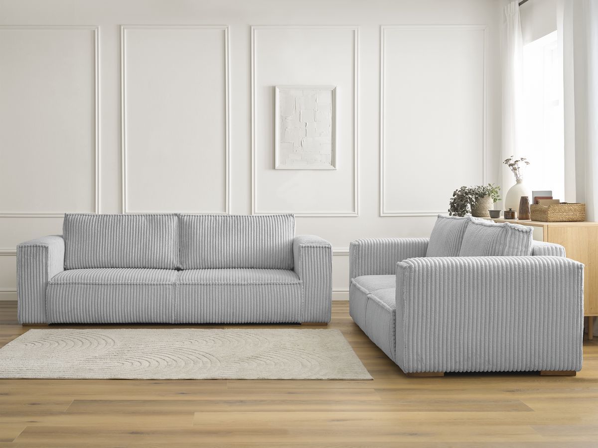 Ensemble canapé droit fixe 3 + 2 places CHELSEA gros côtelé doux gris clair BOBOCHIC - Vue supplémentaire 3