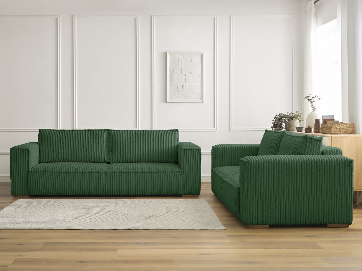 Ensemble canapé droit fixe 3 + 2 places CHELSEA gros côtelé doux vert BOBOCHIC - Vue supplémentaire 3