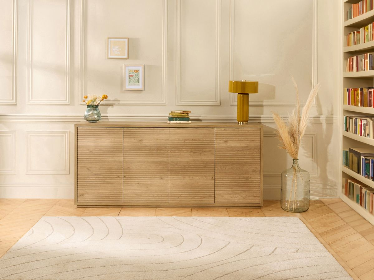 FERRET set met 180 cm dressoir + 180 cm tv-meubel met houten lamelleneffect