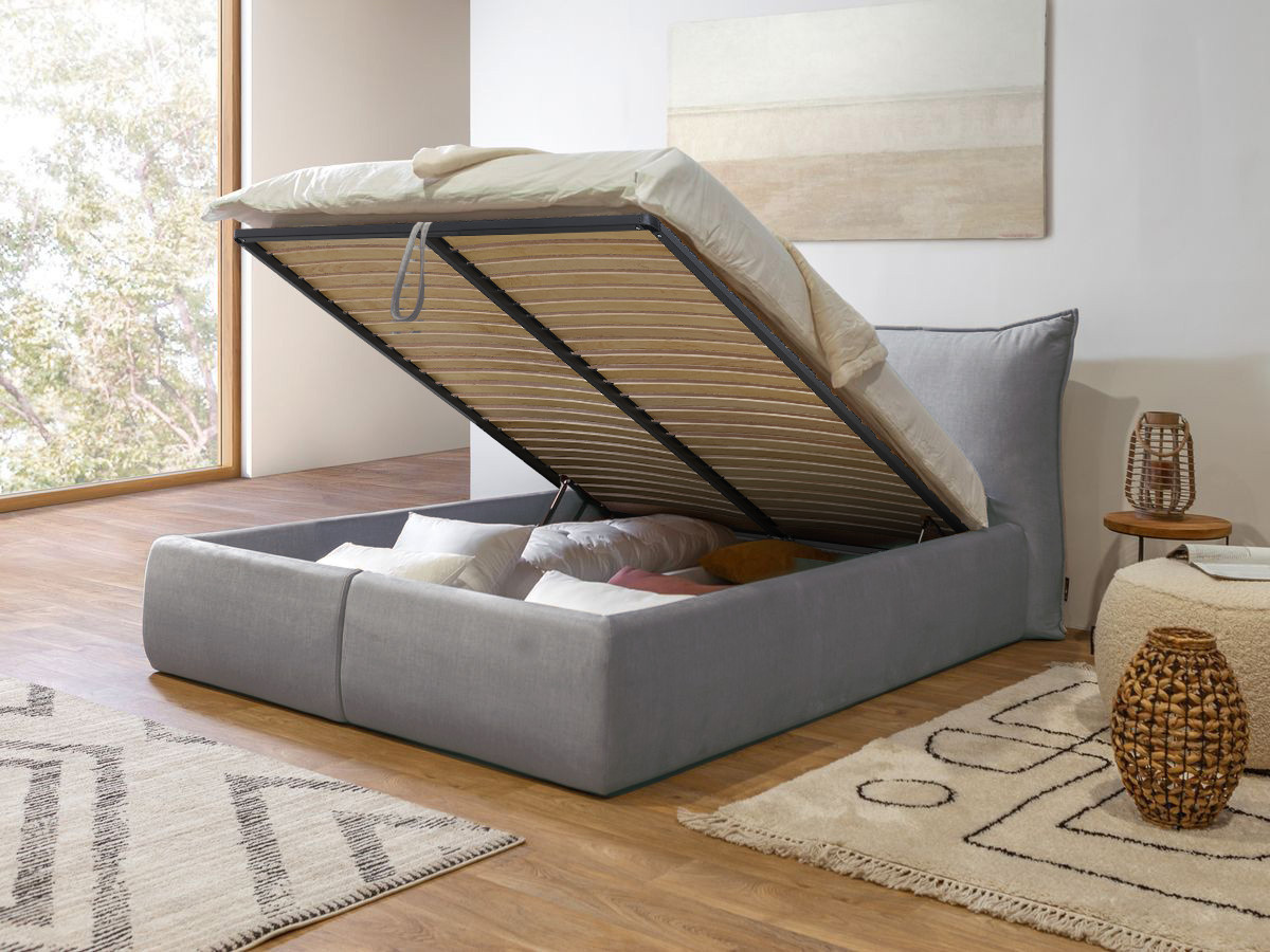 Lit coffre JADE avec tête de lit effet oreiller gris clair — vue 4