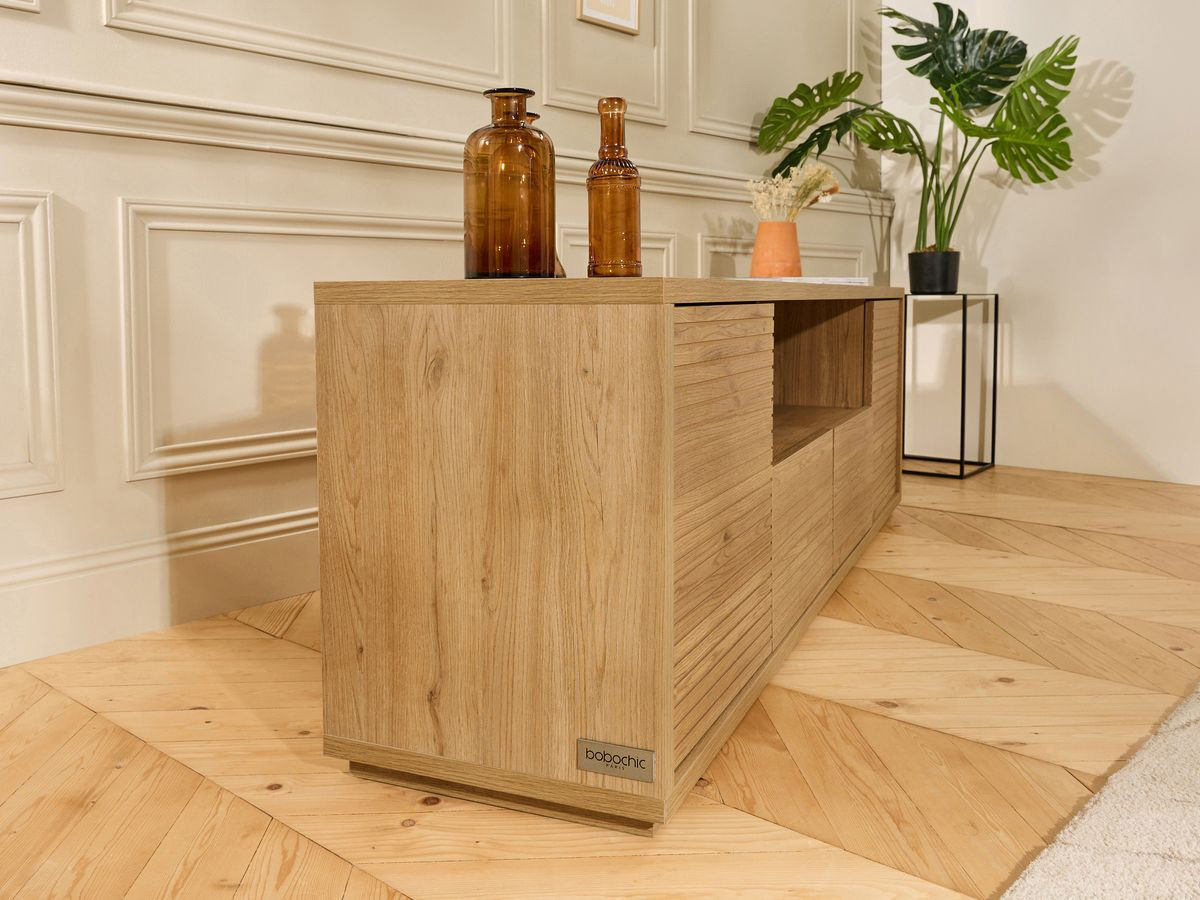 FERRET set met 180 cm dressoir + 180 cm tv-meubel met houten lamelleneffect