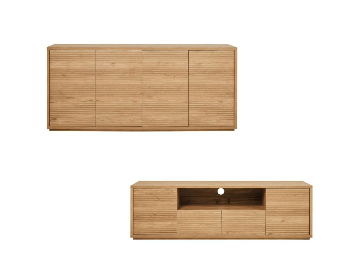 FERRET set met 180 cm dressoir + 180 cm tv-meubel met houten lamelleneffect