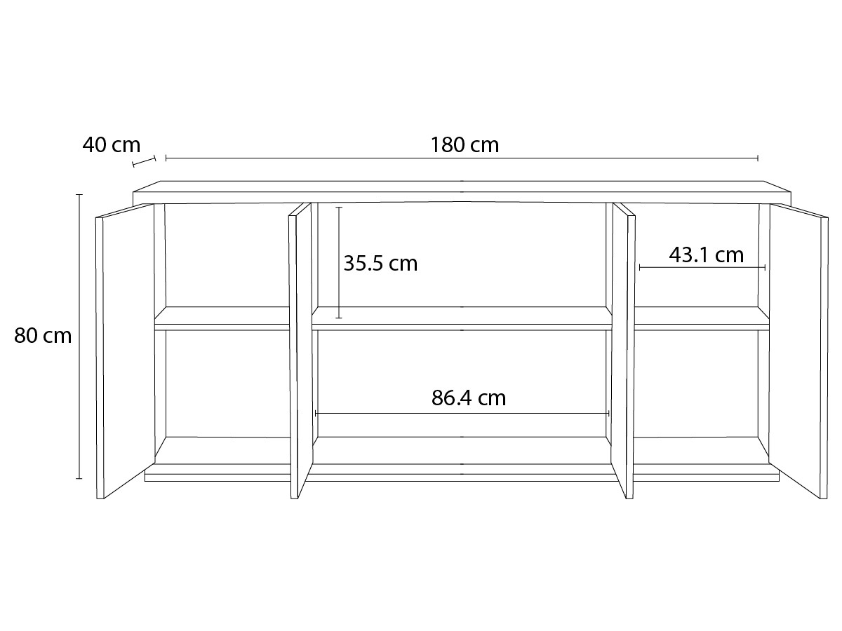 FERRET 4-deurs dressoir 180 cm houten lamelleneffect