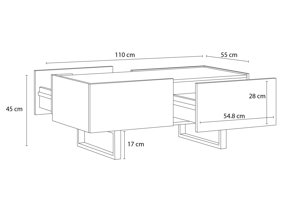 OPERA 110 cm salontafel met 2 laden in eikenhouten look en zwart marmerlook