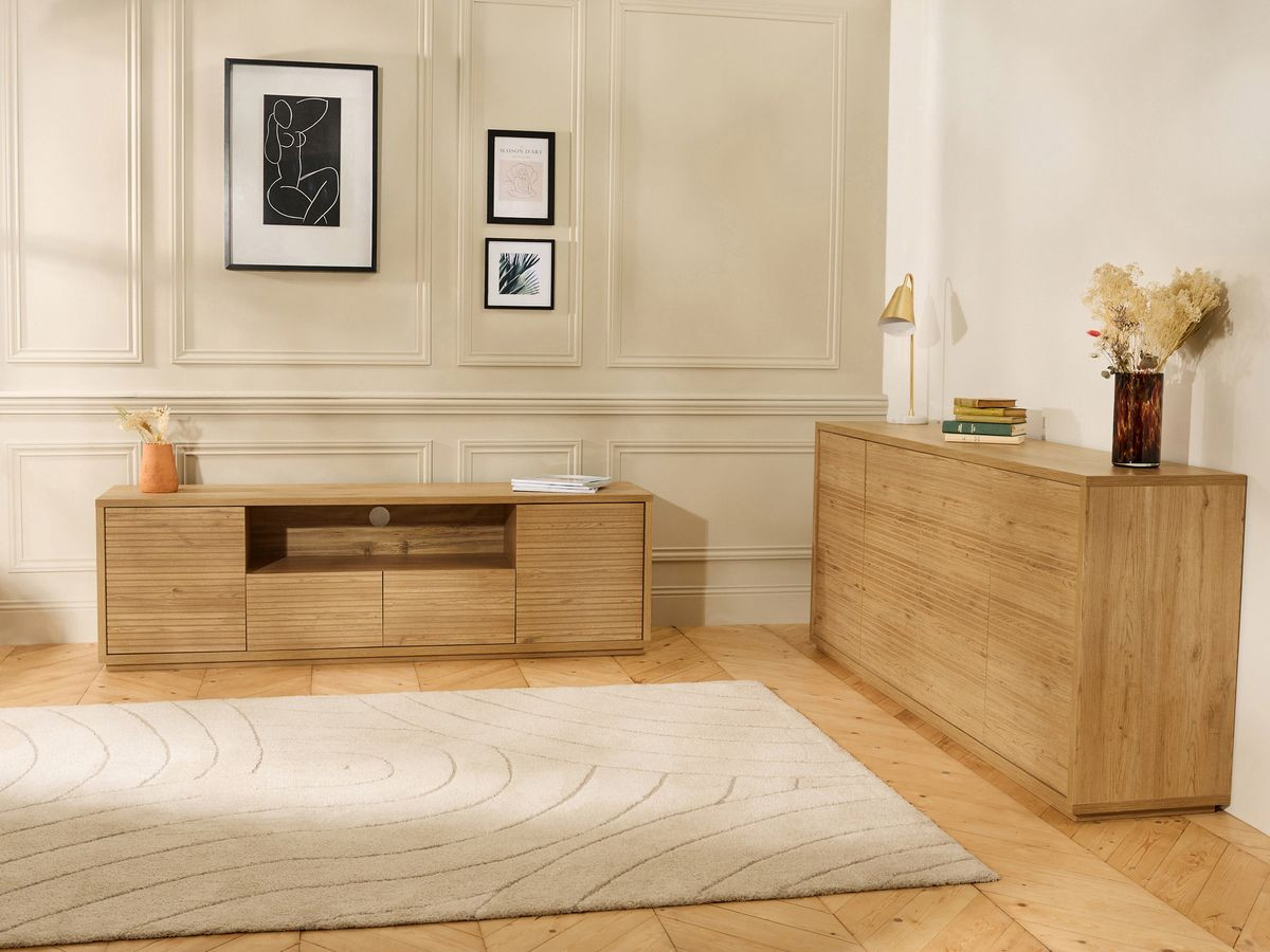 FERRET set met 180 cm dressoir + 180 cm tv-meubel met houten lamelleneffect