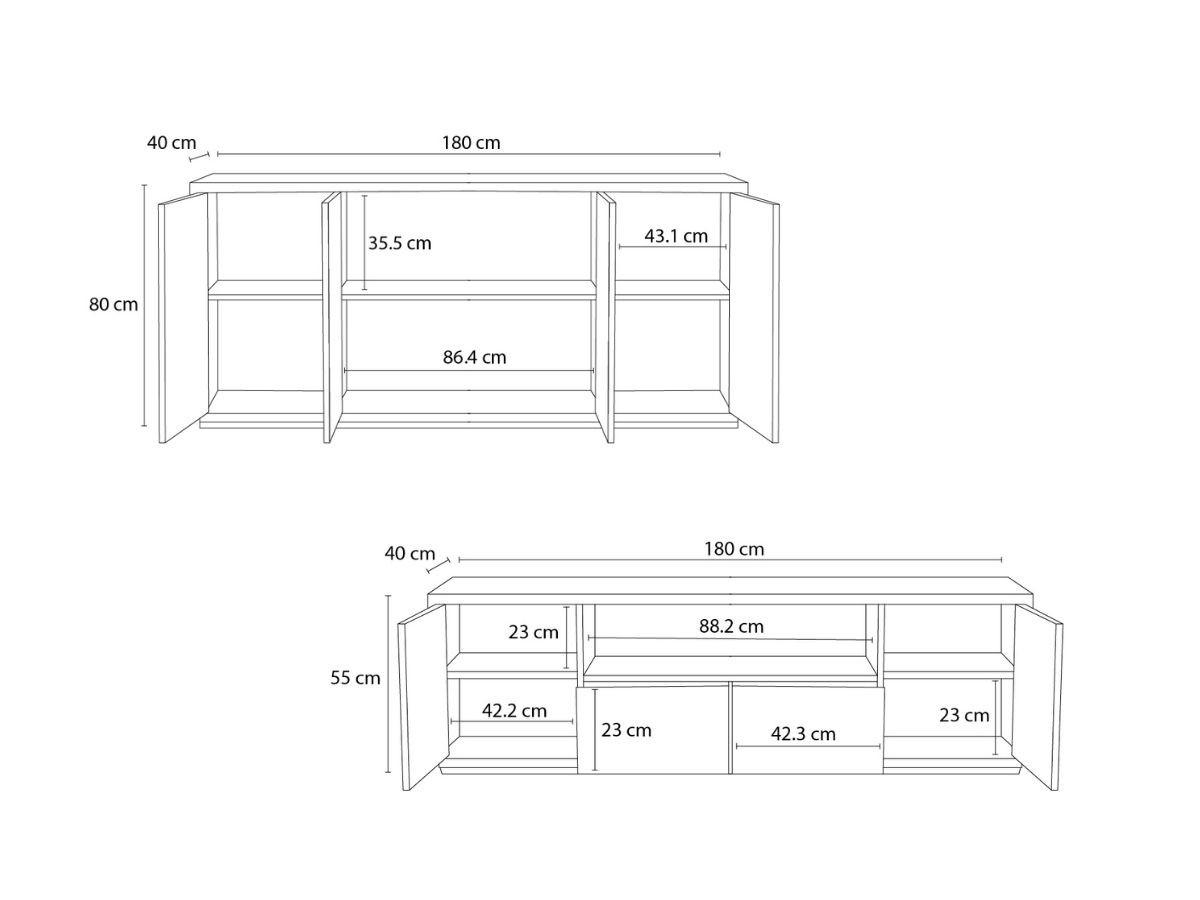 FERRET set met 180 cm dressoir + 180 cm tv-meubel met houten lamelleneffect