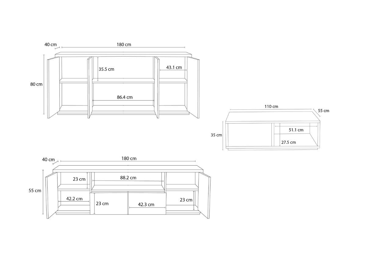 FERRET set met 180 cm dressoir + 180 cm tv-meubel + 100 cm salontafel met houten lamelleneffect