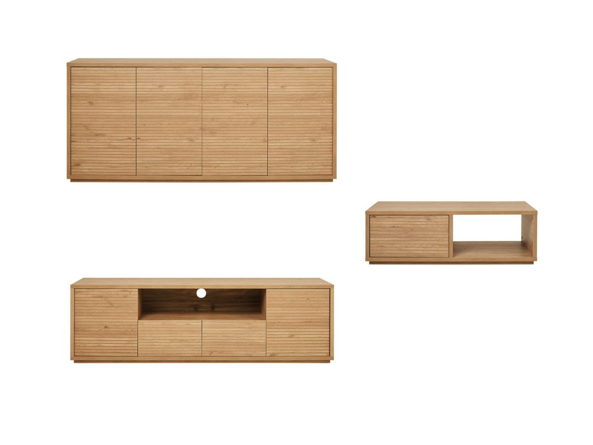 FERRET set met 180 cm dressoir + 180 cm tv-meubel + 100 cm salontafel met houten lamelleneffect