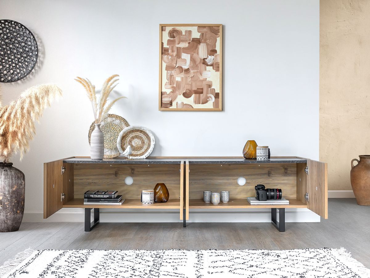 OPERA set met 180 cm dressoir + 180 cm tv-meubel + 110 cm salontafel in eikenhouten look en zwart marmerlook