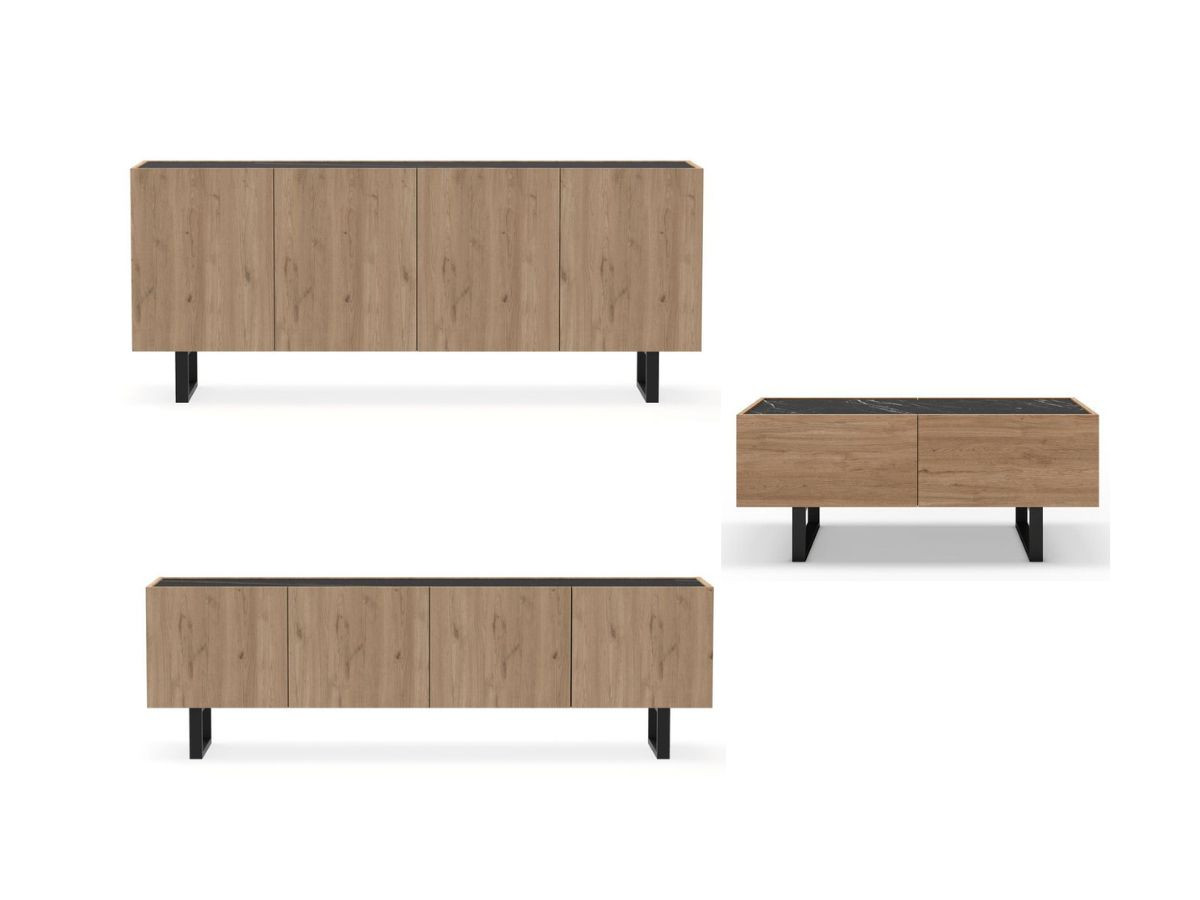 OPERA set met 180 cm dressoir + 180 cm tv-meubel + 110 cm salontafel in eikenhouten look en zwart marmerlook