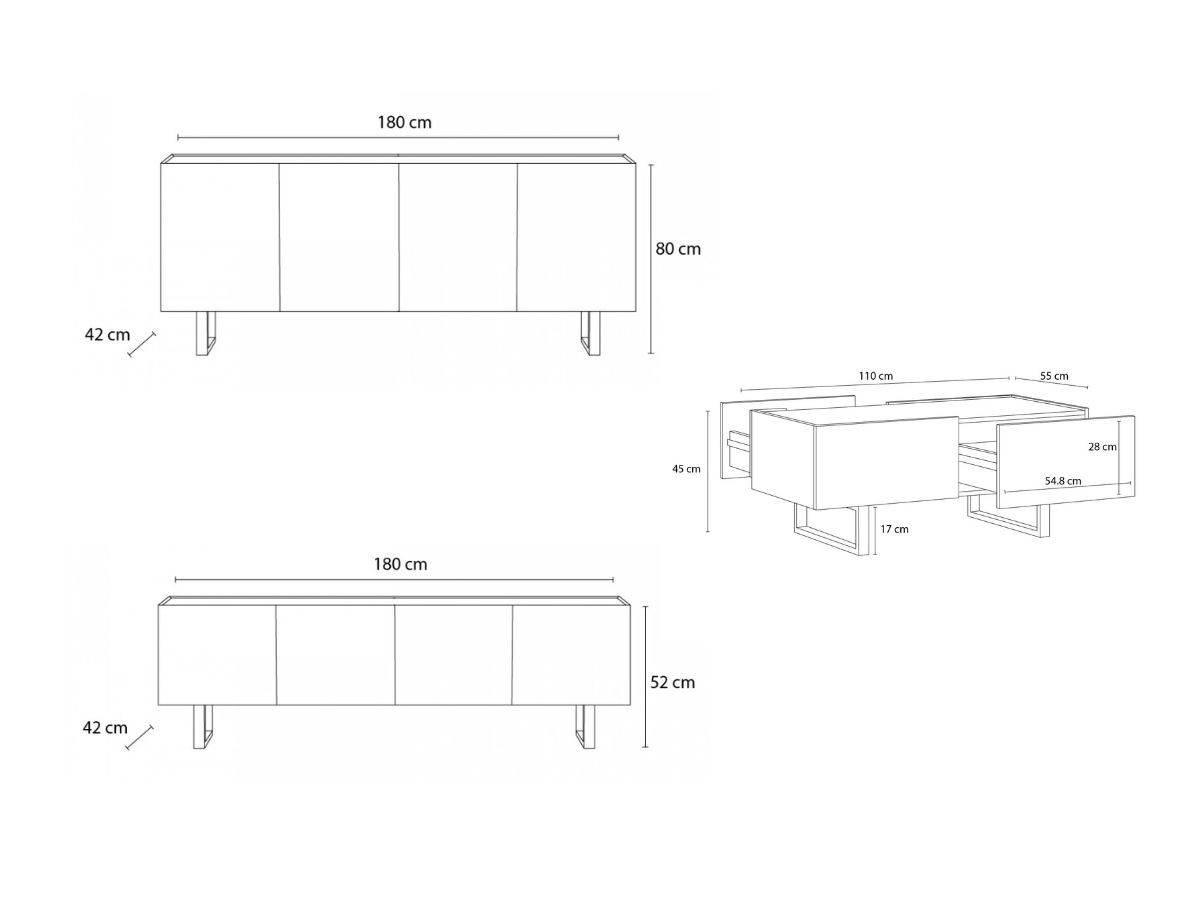 OPERA set met 180 cm dressoir + 180 cm tv-meubel + 110 cm salontafel in eikenhouten look en zwart marmerlook