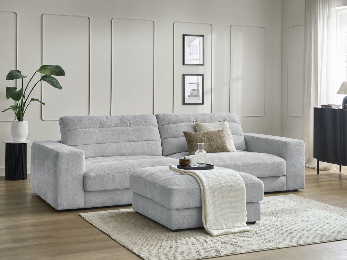 Canapé droit 3 places SIERRA texturé avec pouf gris clair
