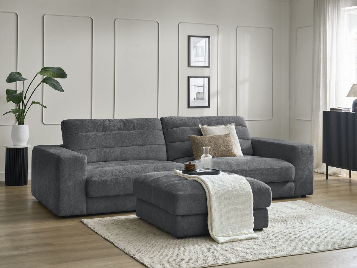 Canapé droit 3 places SIERRA texturé avec pouf gris foncé