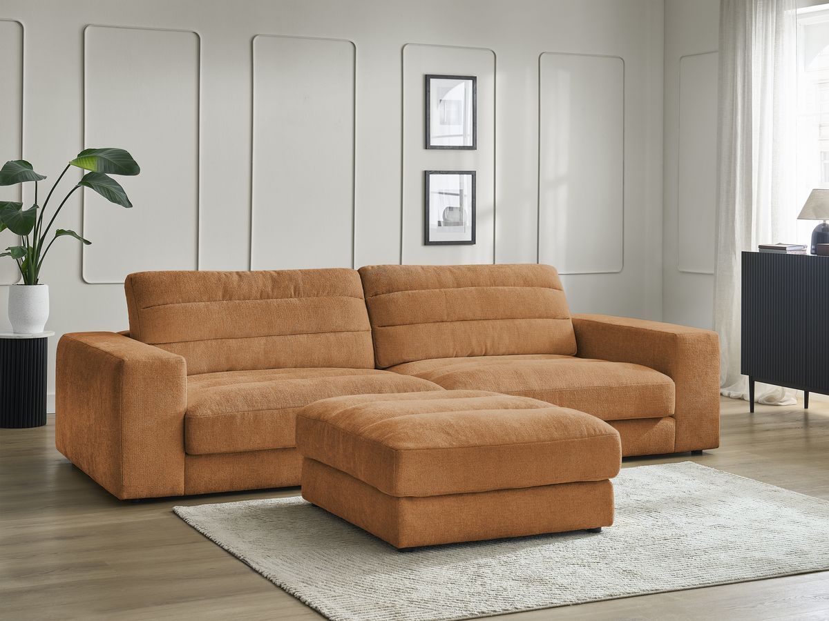 Canapé droit fixe 3 places SIERRA tissu texturé avec pouf