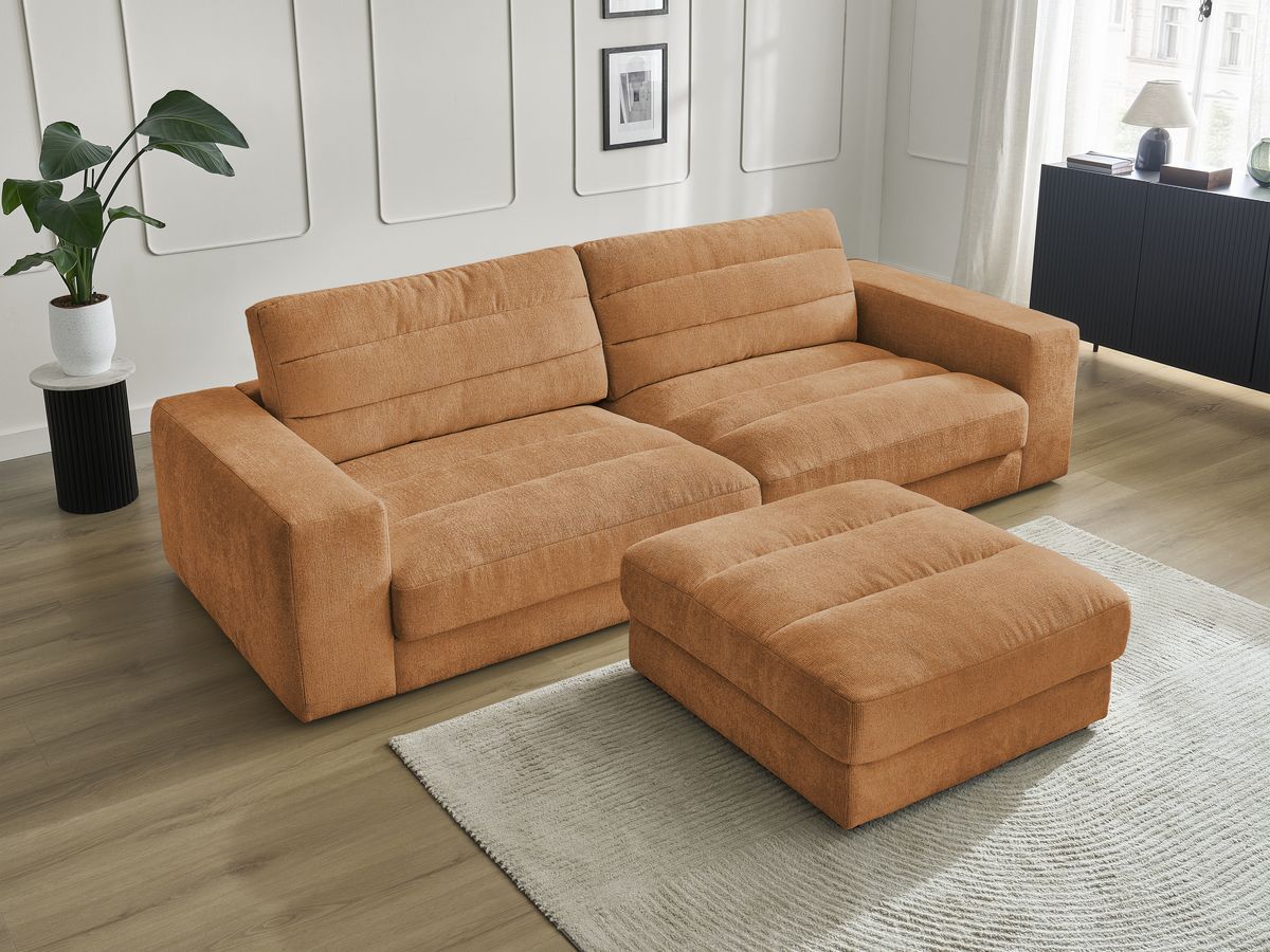 Canapé droit fixe 3 places SIERRA tissu texturé avec pouf