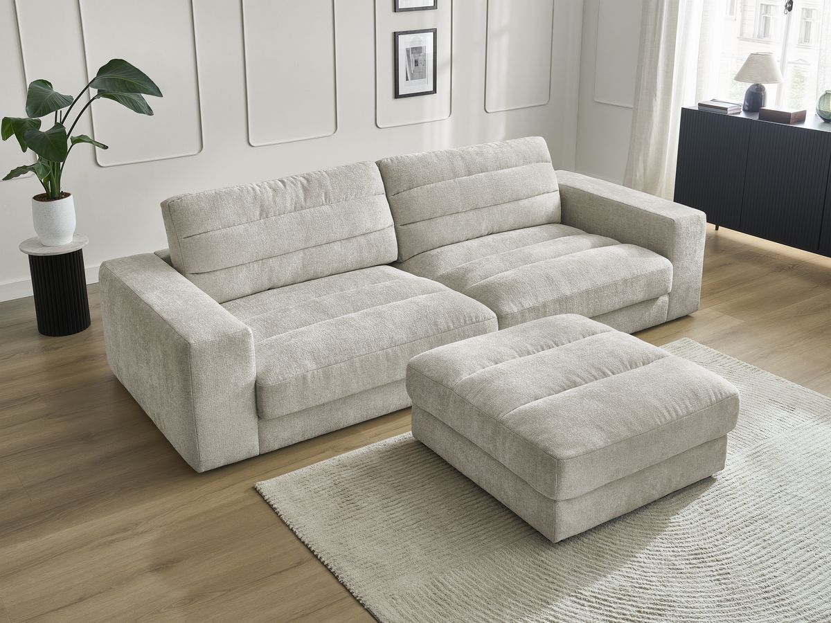 Canapé droit fixe 3 places SIERRA tissu texturé avec pouf