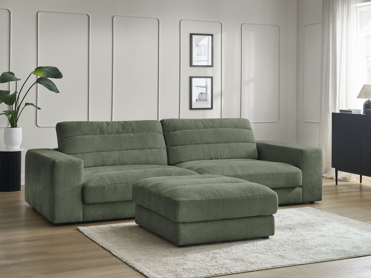 Canapé droit fixe 3 places SIERRA tissu texturé avec pouf