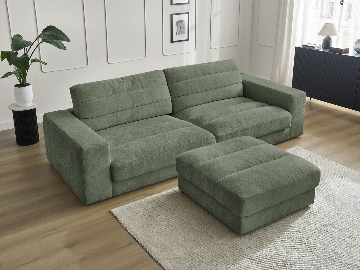 Canapé droit fixe 3 places SIERRA tissu texturé avec pouf