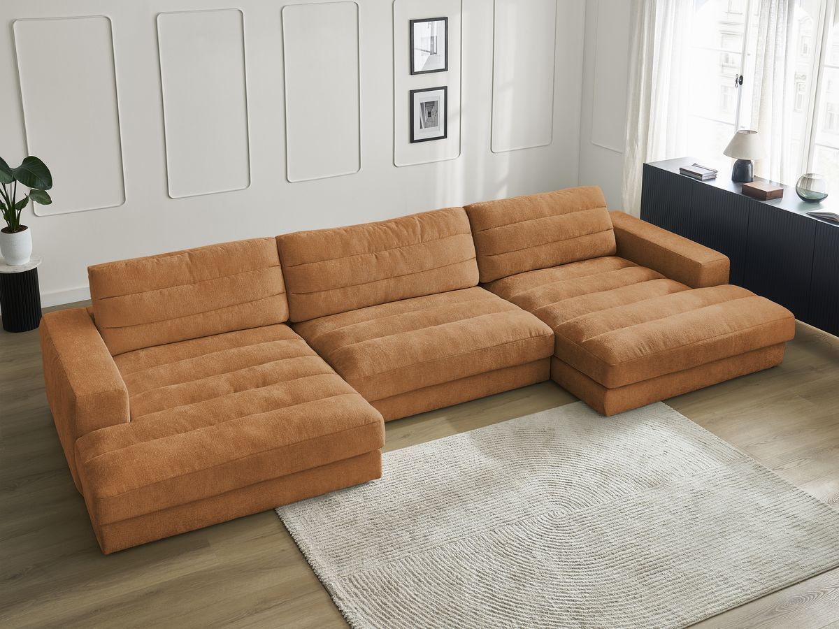 Canapé d'angle fixe EVEREST tissu chiné - Orange - Angle droit - 10 coussins