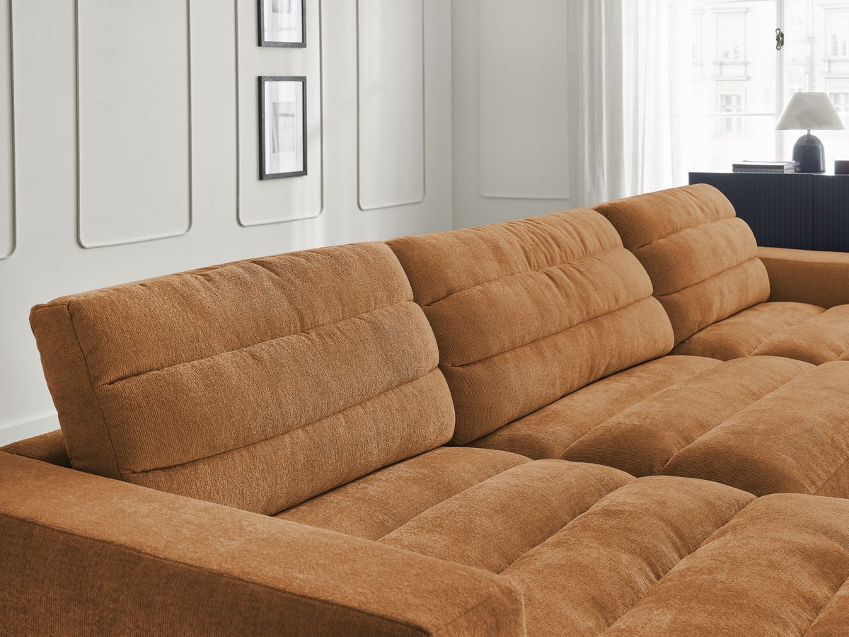Canapé d'angle fixe EVEREST tissu chiné - Orange - Angle droit - 10 coussins