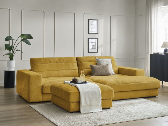 Canapé d'angle fixe SIERRA tissu texturé avec pouf