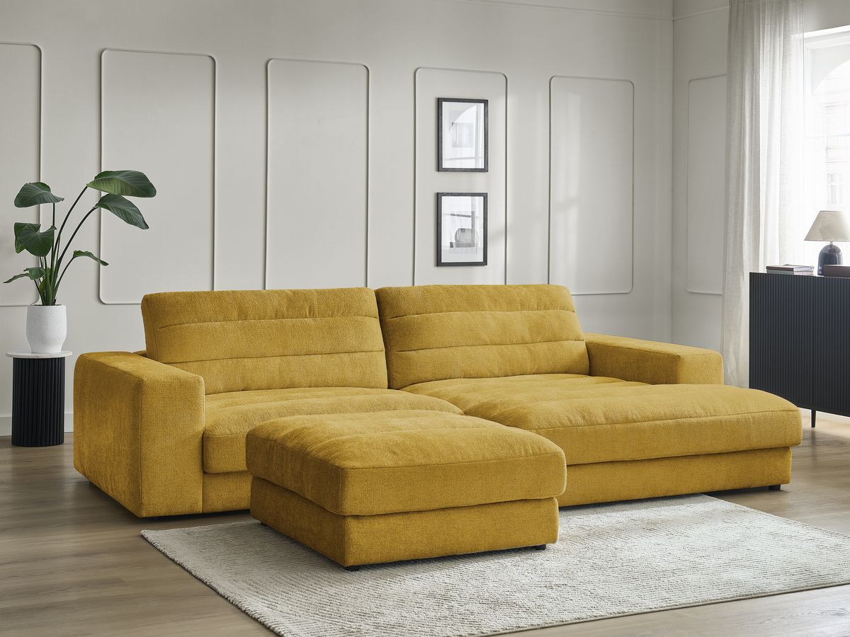 Canapé d'angle fixe SIERRA tissu texturé avec pouf