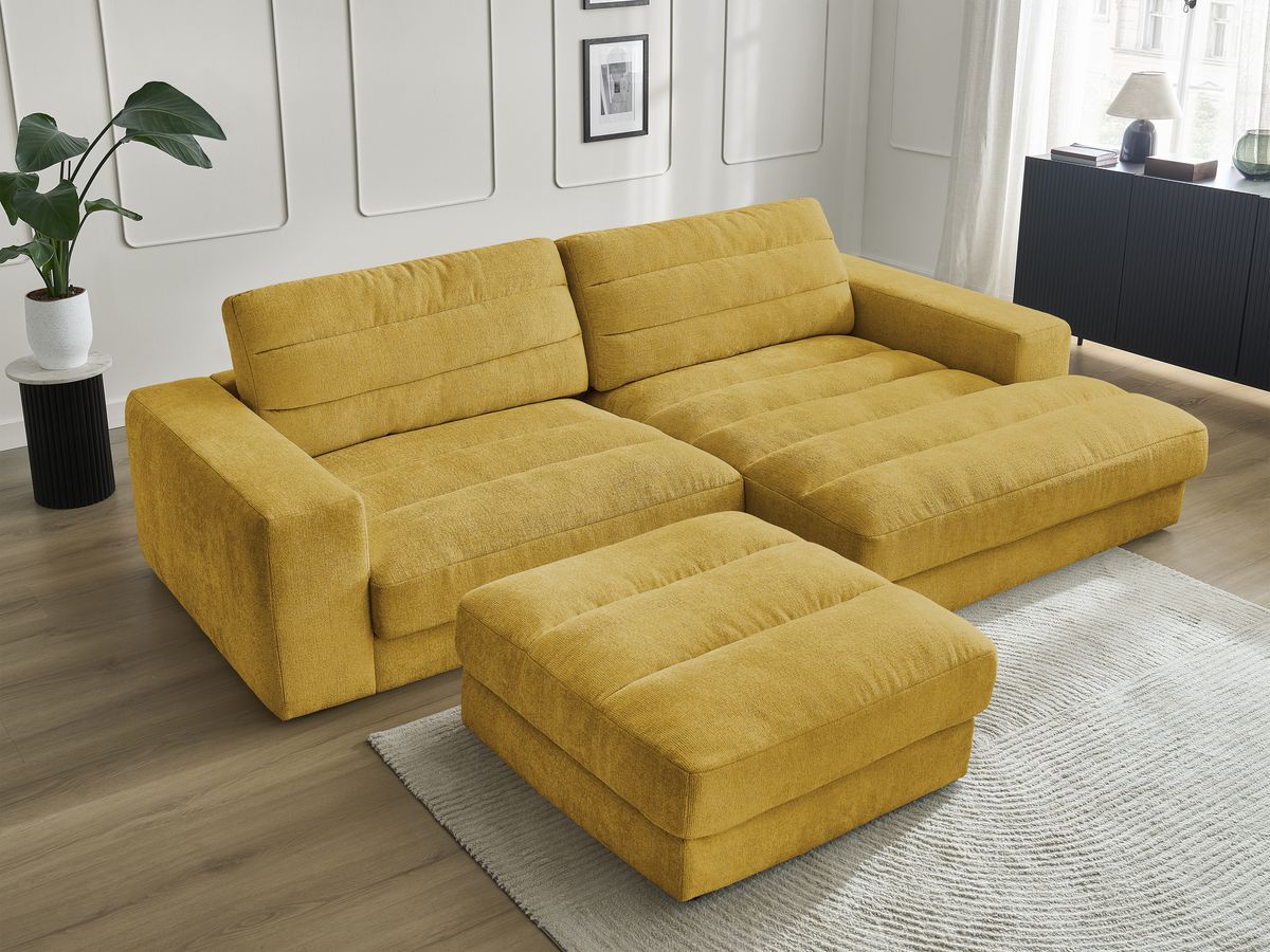 Canapé d'angle fixe SIERRA tissu texturé avec pouf