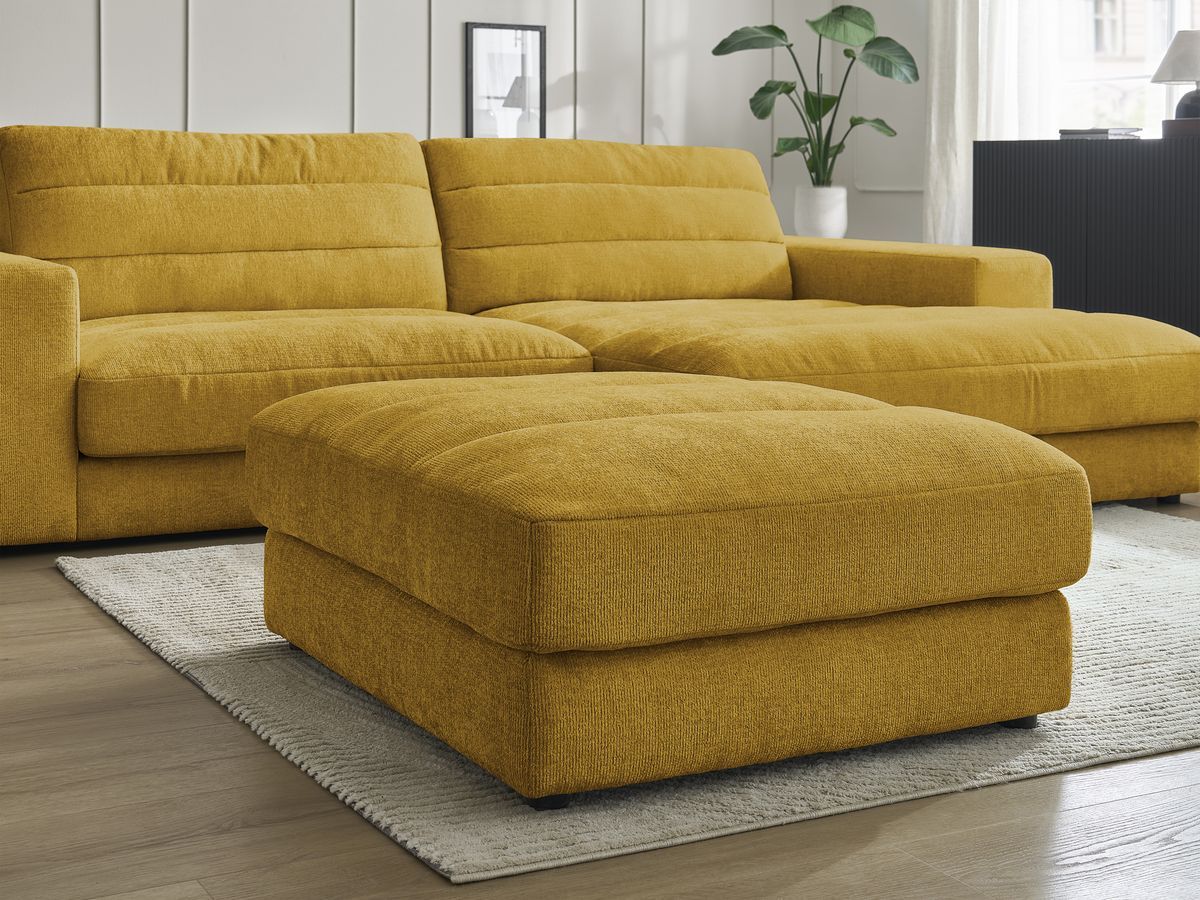 Canapé d'angle fixe SIERRA tissu texturé avec pouf