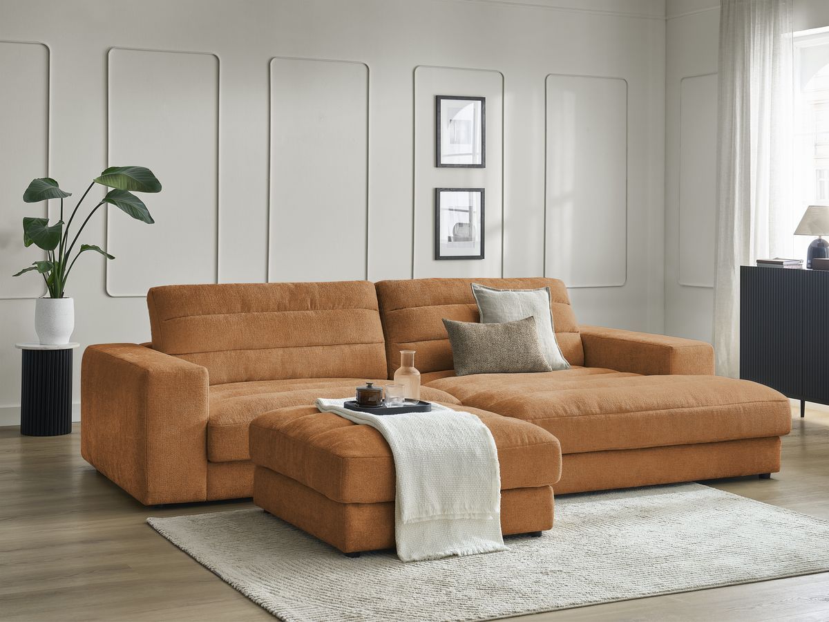 Canapé d'angle fixe SIERRA tissu texturé avec pouf