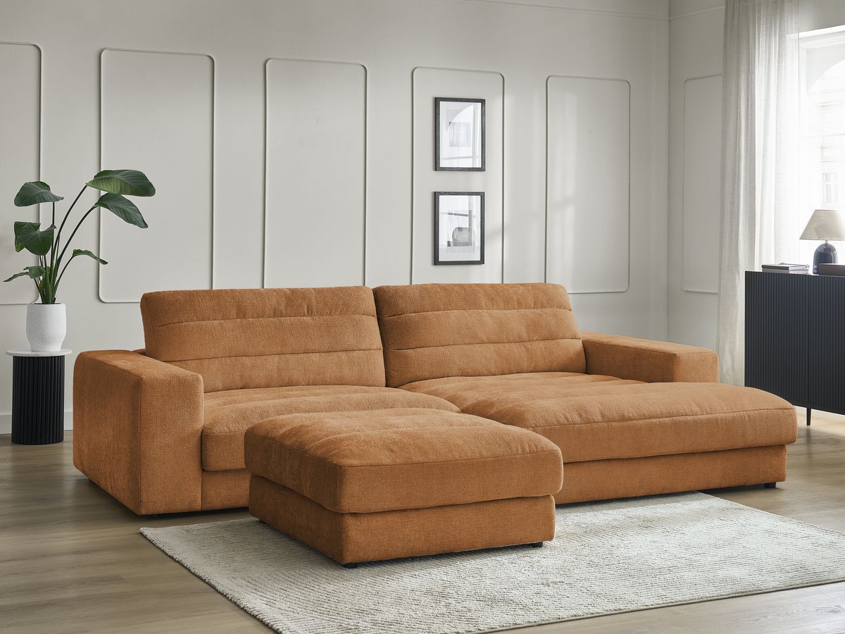 Canapé d'angle fixe SIERRA tissu texturé avec pouf