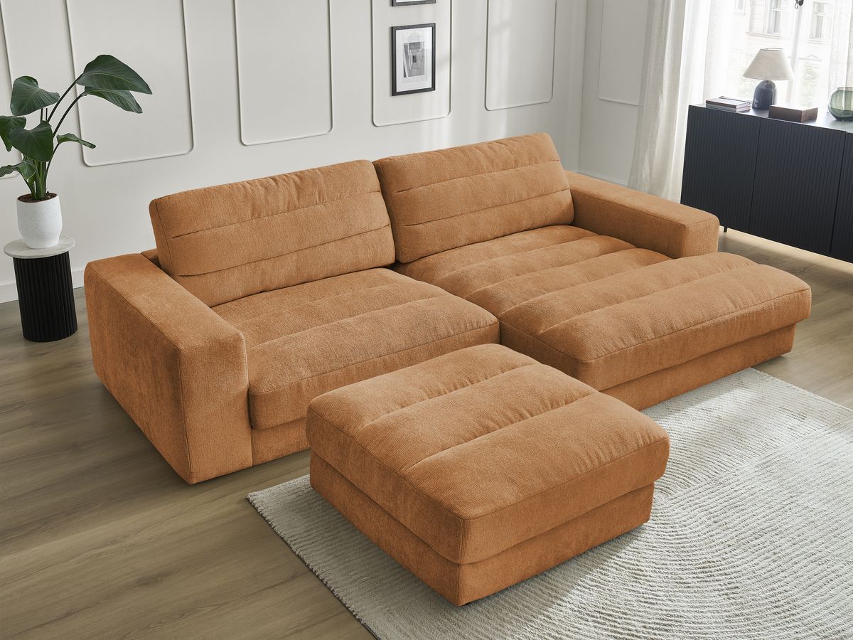 Canapé d'angle fixe SIERRA tissu texturé avec pouf