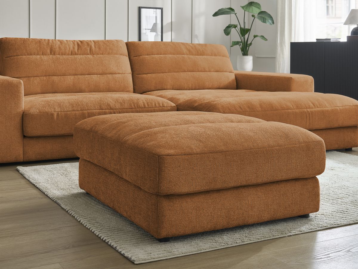Canapé d'angle fixe SIERRA tissu texturé avec pouf