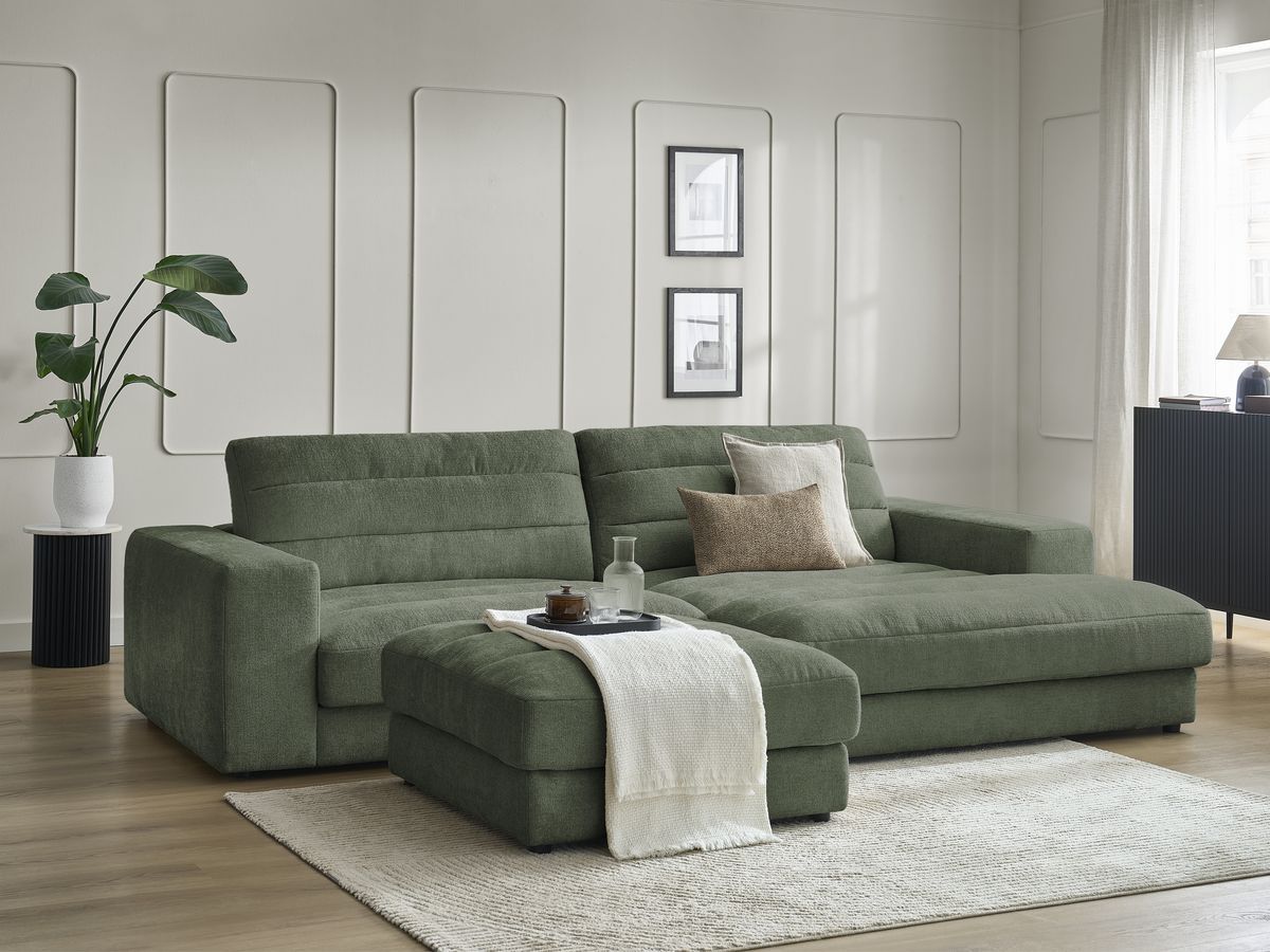 Canapé d'angle fixe SIERRA tissu texturé avec pouf