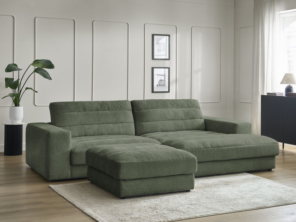 Canapé d'angle fixe SIERRA tissu texturé avec pouf
