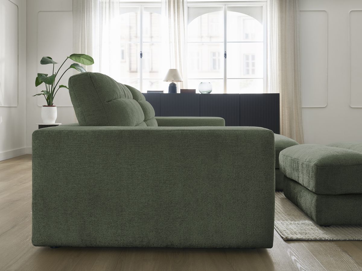 Canapé d'angle fixe SIERRA tissu texturé avec pouf