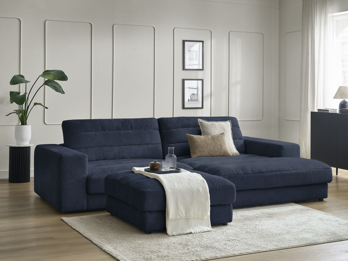 Canapé d'angle fixe SIERRA tissu texturé avec pouf